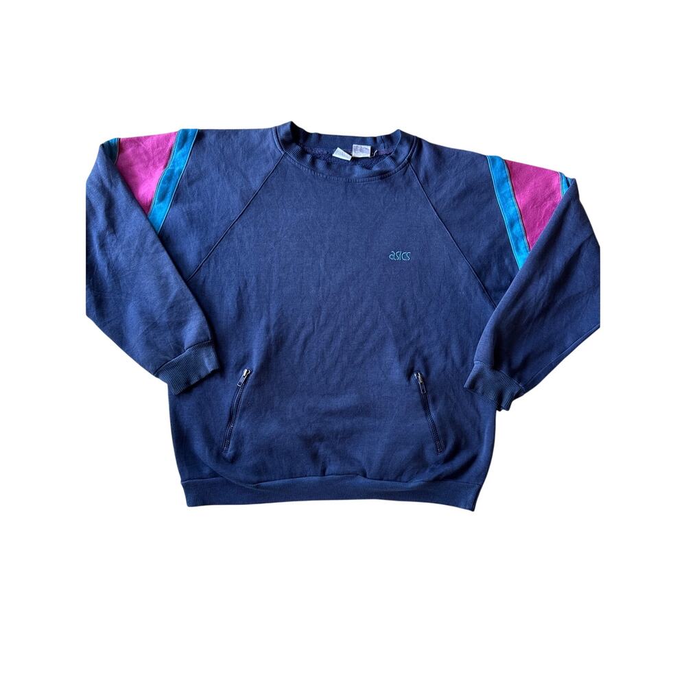 Vintage 80s ASICS Quarter Zip Sweatshirt M Navy Teal Purple Raglan Colorblock
